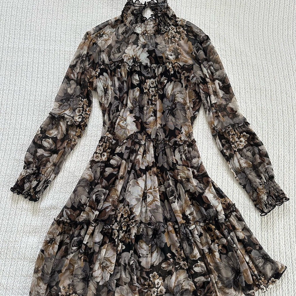 Black and Gray Ruffled A-line Dress with Bishop Sleeves